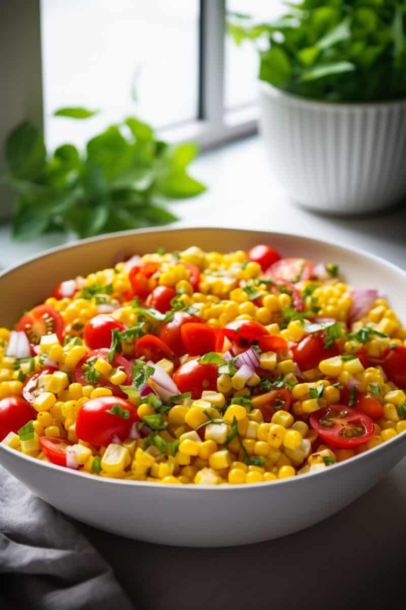 A healthy and appetizing bowl of Grilled Corn Salad, bursting with the colors of summer vegetables and dressed in a simple, flavorful vinaigrette.