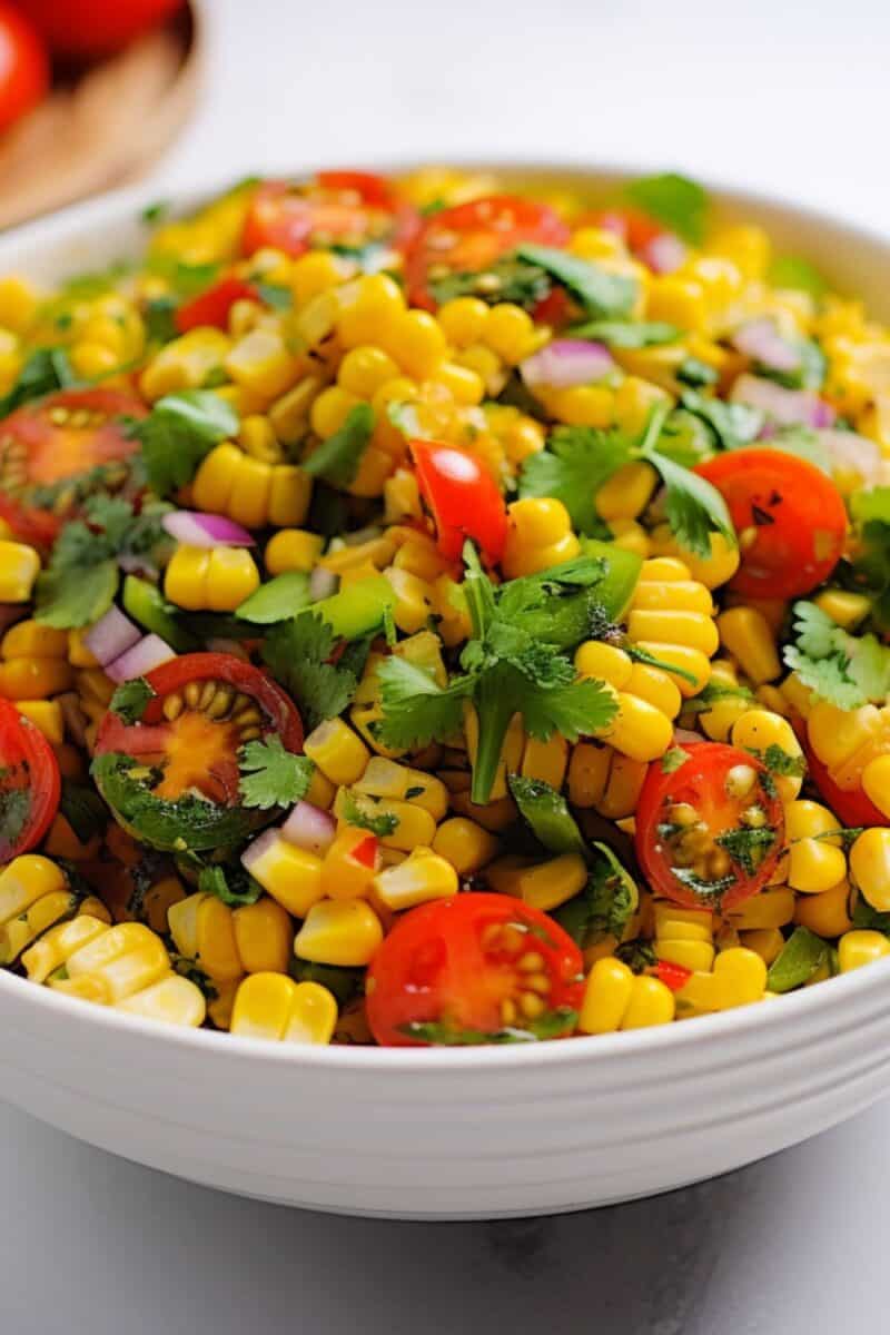 Close-up of a refreshing Grilled Corn Salad, highlighting the contrast between the deep red of the tomatoes and the golden hue of the grilled corn.