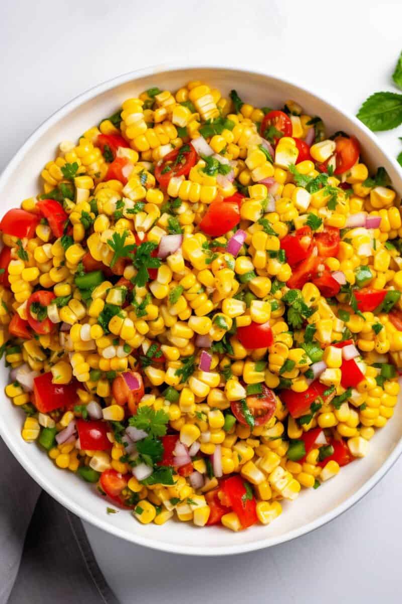A delightful summer salad showcasing charred corn, halved cherry tomatoes, and diced red bell pepper, all brought together with a zesty homemade dressing.