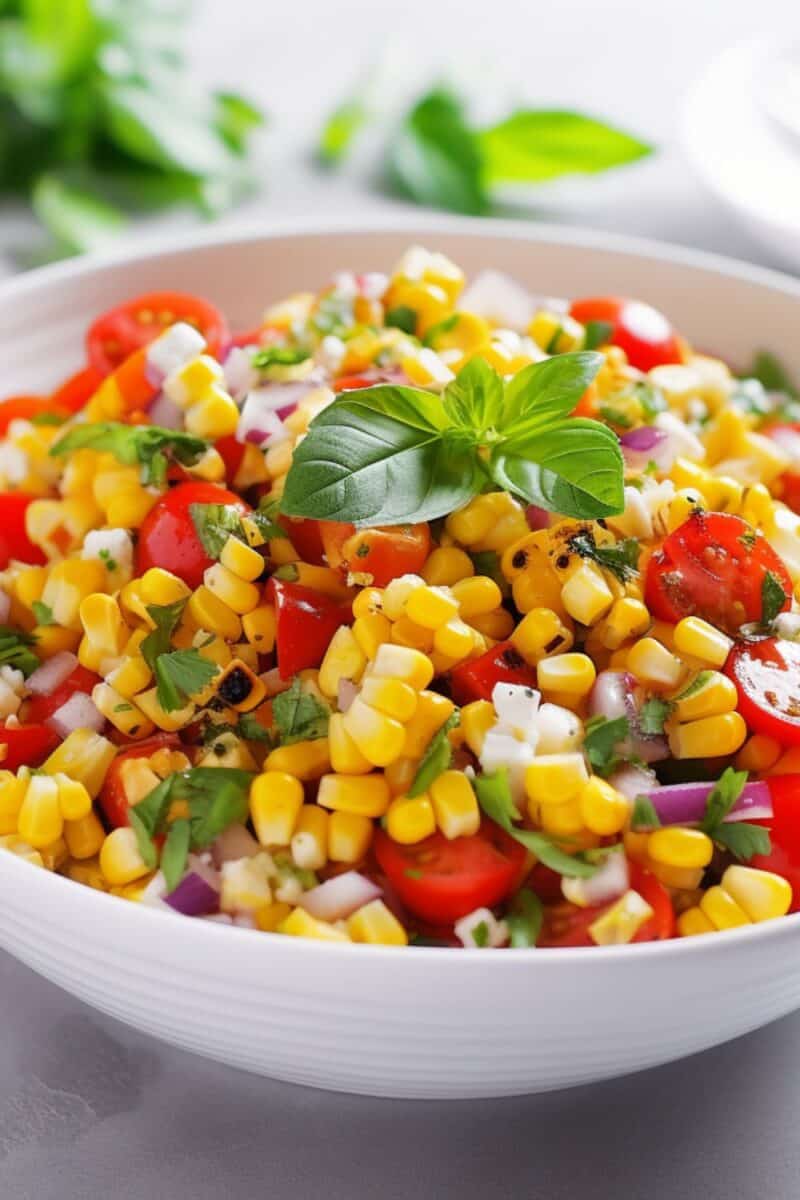 A tantalizing mix of grilled corn and ripe cherry tomatoes, combined in a salad with a sprinkle of red onion and cilantro, creating a colorful and appetizing dish.