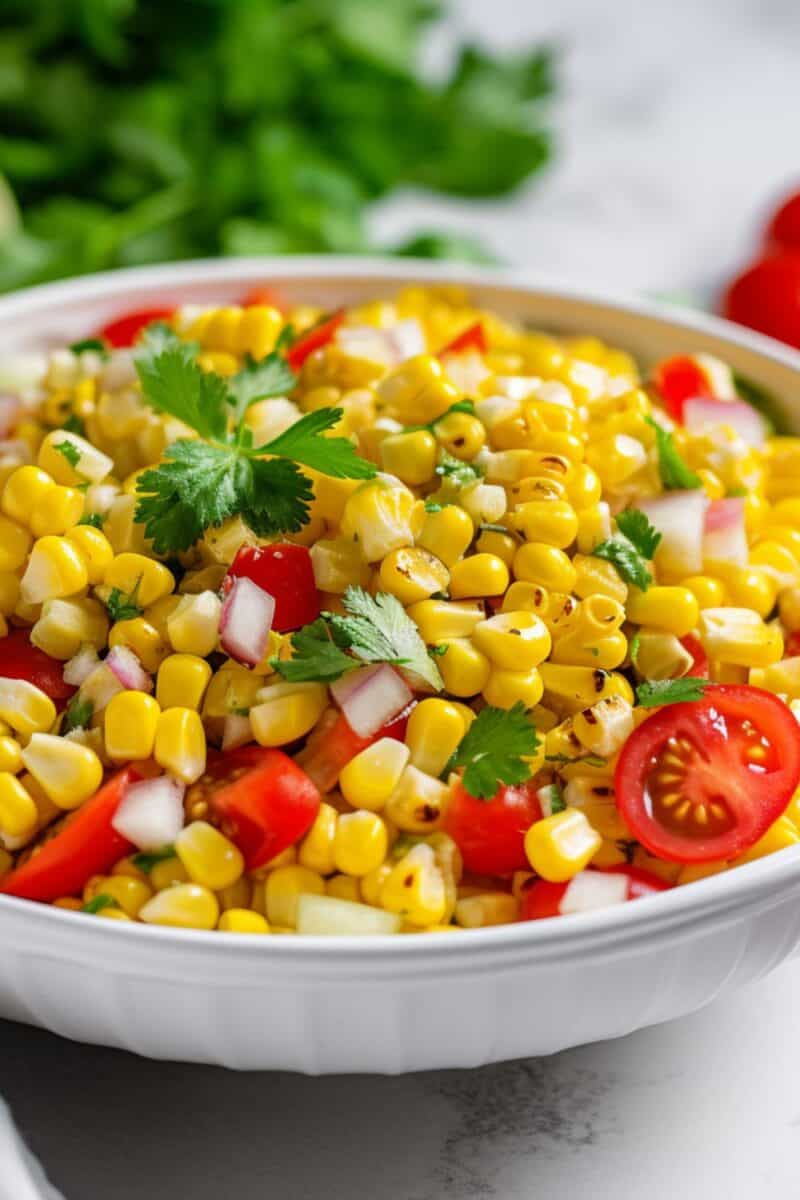 A bowl full of Grilled Corn Salad with Tomatoes, presenting a feast for the eyes with its bright, fresh ingredients and hint of green cilantro for garnish.