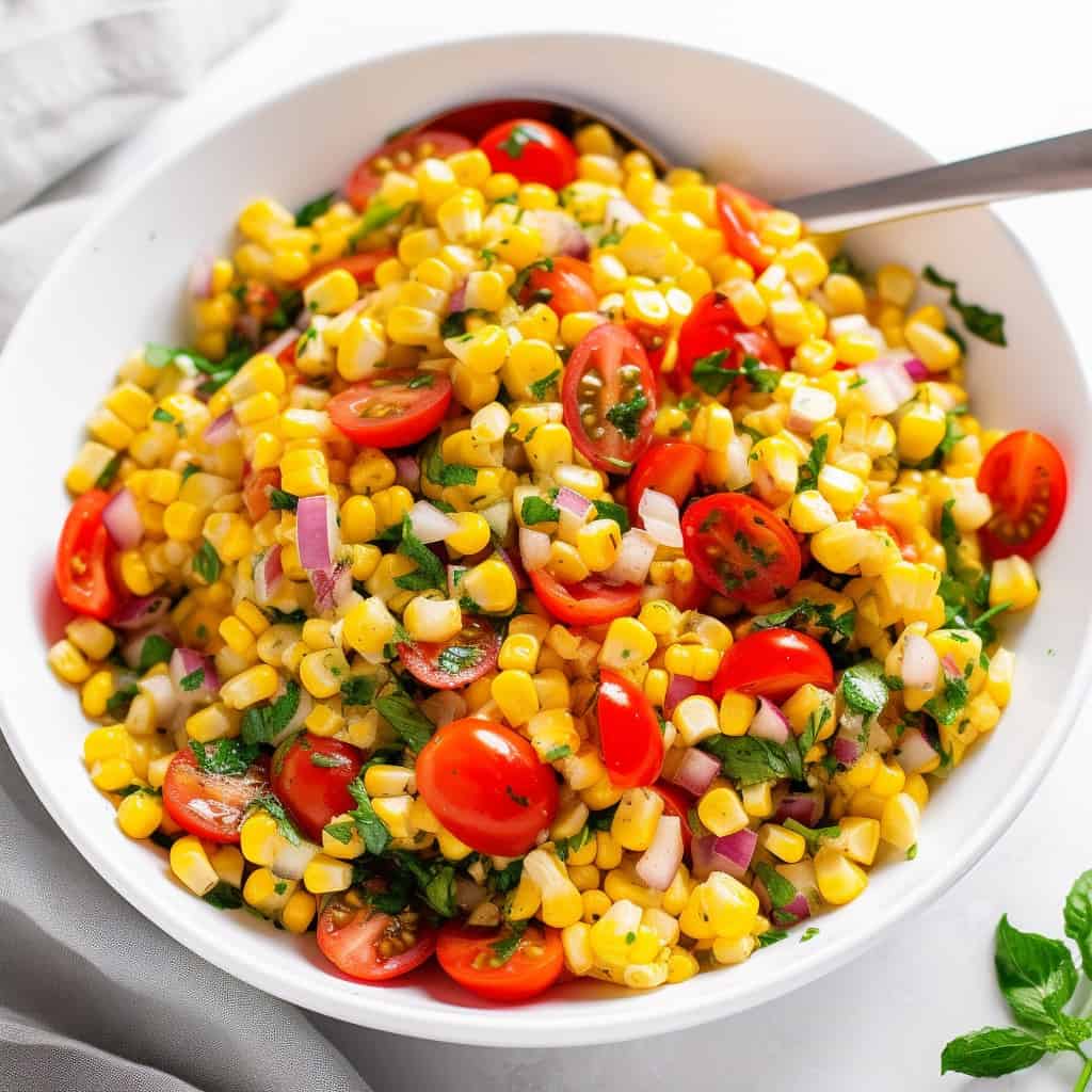 A colorful bowl of Grilled Corn Salad with Tomatoes, showcasing bright yellow charred corn kernels, vibrant red cherry tomato halves, finely chopped red bell pepper, and a sprinkle of fresh green cilantro, all tossed together in a light, tangy dressing.