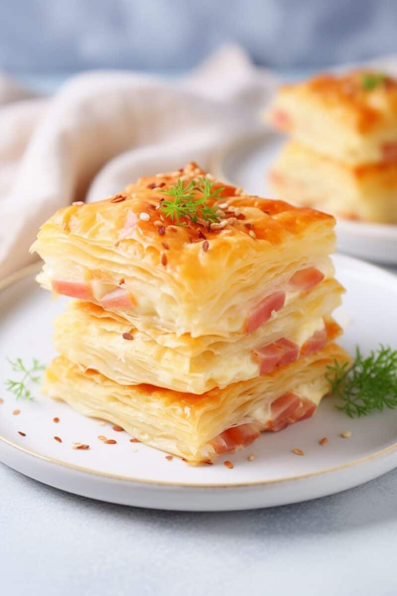 A stack of Ham and Cheese Puff Pastries, freshly baked and resembling upscale hot pockets, on a modern slate serving tray.