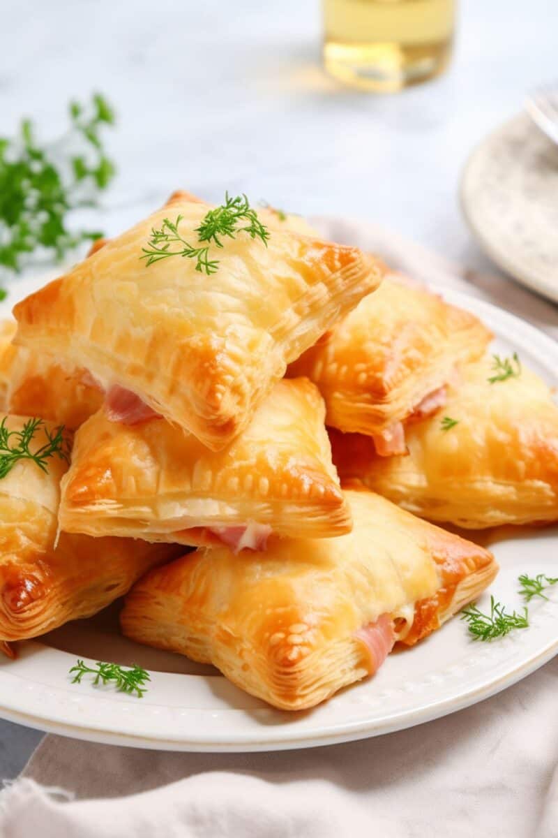 Serving platter filled with Ham and Cheese Puff Pastries, reminiscent of artisanal hot pockets. Each pastry boasts a golden, buttery crust with visible flaky layers, and a generous filling of succulent ham and rich, melted Swiss cheese.