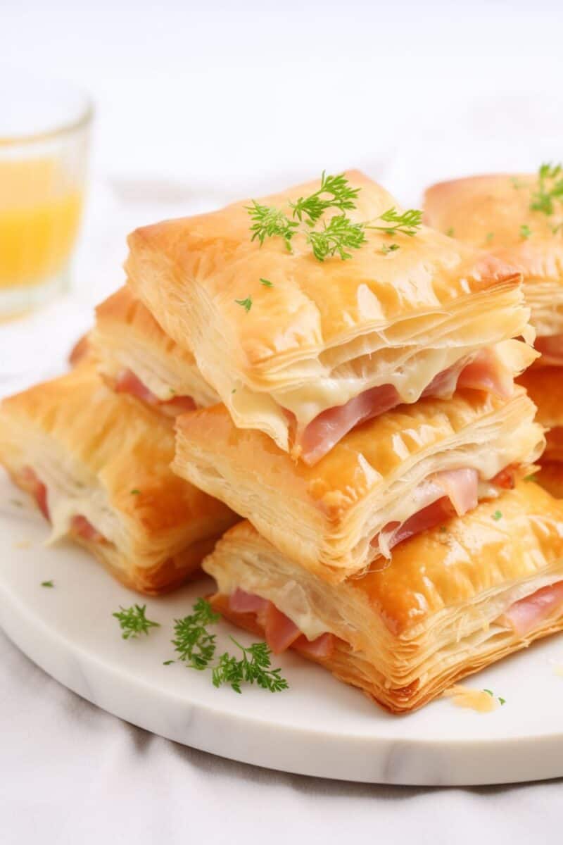 Close-up of Ham and Cheese Puff Pastries, similar to gourmet hot pockets, with steam rising from the flaky, golden crust. The layers of puff pastry are perfectly browned, revealing the hearty filling of savory ham and gooey, melted cheese inside. The pastries are garnished with a sprinkle of everything bagel seasoning, adding an extra flavor kick.