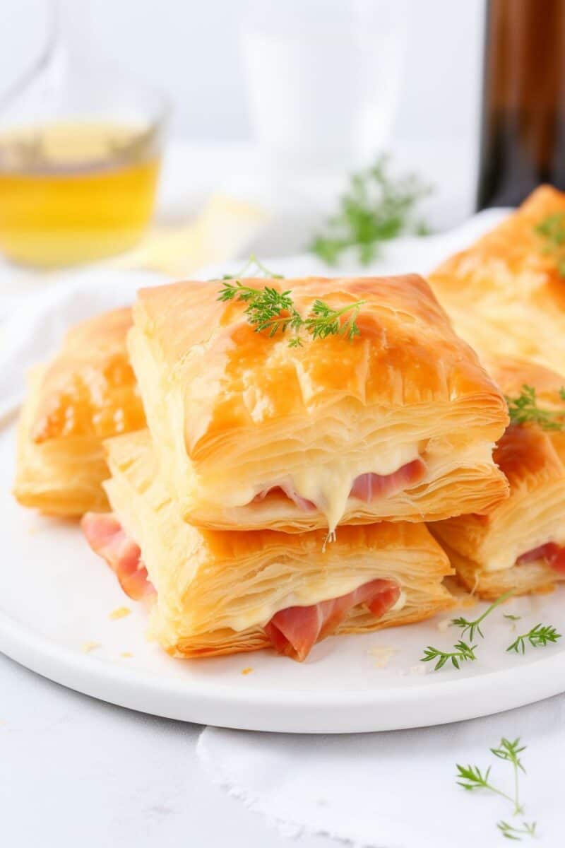 A close-up view of freshly baked Ham and Cheese Puff Pastries resembling homemade hot pockets, with a golden, flaky exterior. The puff pastries are cut open, revealing a steamy, melted Swiss cheese and savory ham filling, oozing out slightly.