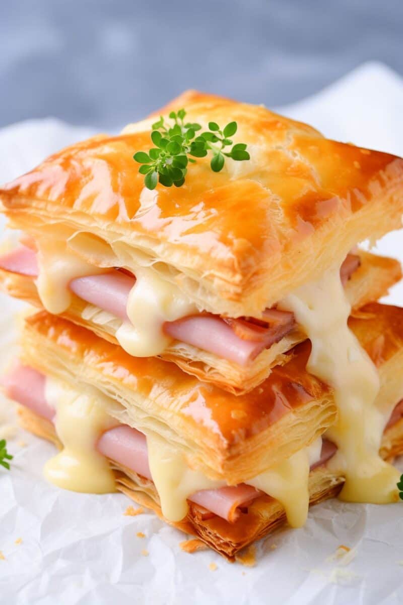 Freshly baked Ham and Cheese Puff Pastries resembling homemade hot pockets, displayed on a rustic wooden board. The pastries are golden and crispy on the outside, with a deliciously melted cheese and ham center peeking through the flaky layers. The aroma of baked cheese and ham fills the air, inviting a taste of these comforting, warm treats.