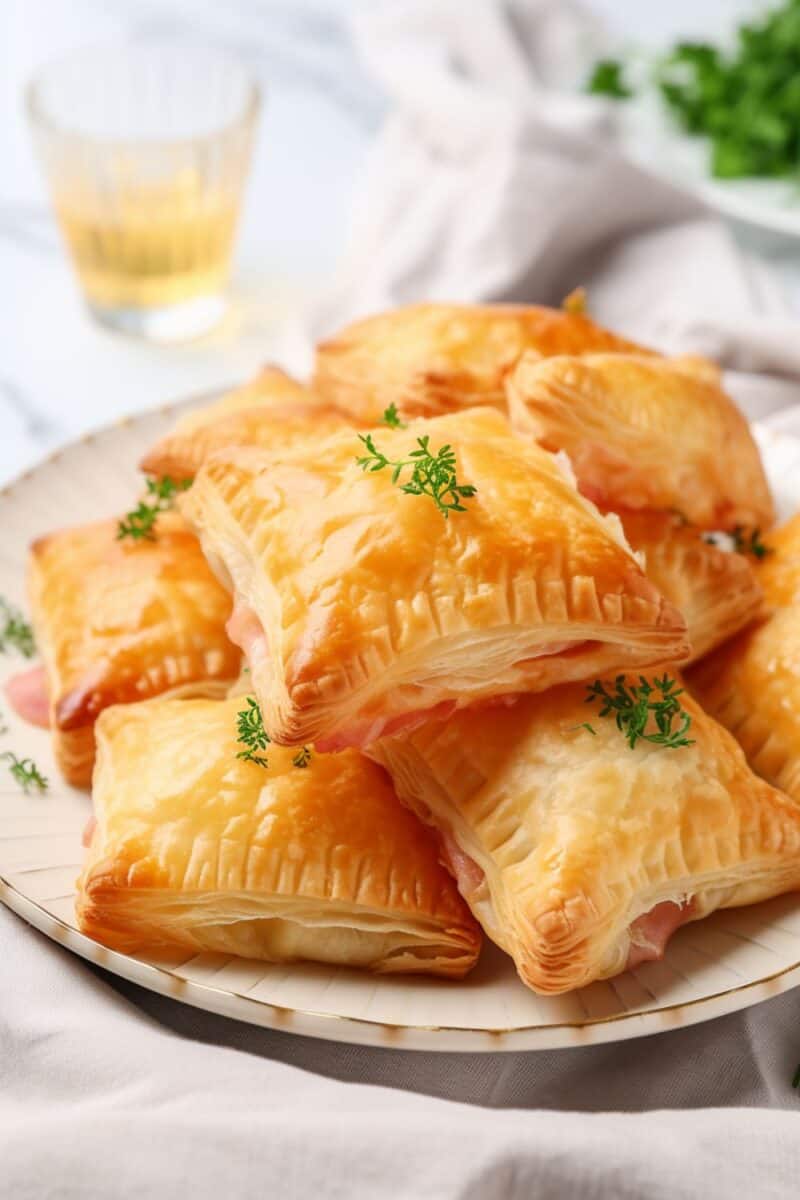 A close-up view of freshly baked Ham and Cheese Puff Pastries resembling homemade hot pockets, with a golden, flaky exterior. The puff pastries are cut open, revealing a steamy, melted Swiss cheese and savory ham filling, oozing out slightly.