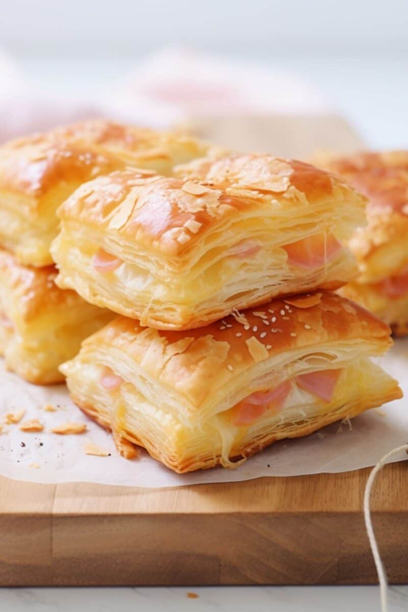 An inviting platter of Ham and Cheese Puff Pastries, fresh out of the oven and resembling upscale hot pockets. 