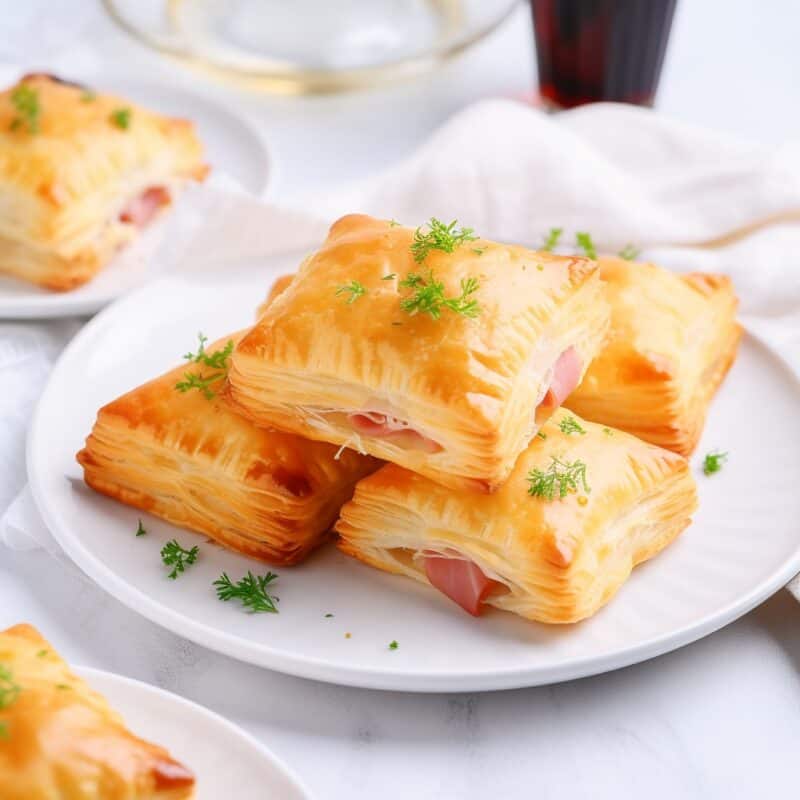 Golden brown Ham and Cheese Puff Pastries on a white serving plate. Each pastry has a flaky, golden crust with visible layers, encasing a warm, melted Swiss cheese and ham filling. The pastries are sprinkled with everything bagel seasoning, adding a touch of color and texture. The plate is set against a simple, elegant background, emphasizing the appetizing appearance of the dish.