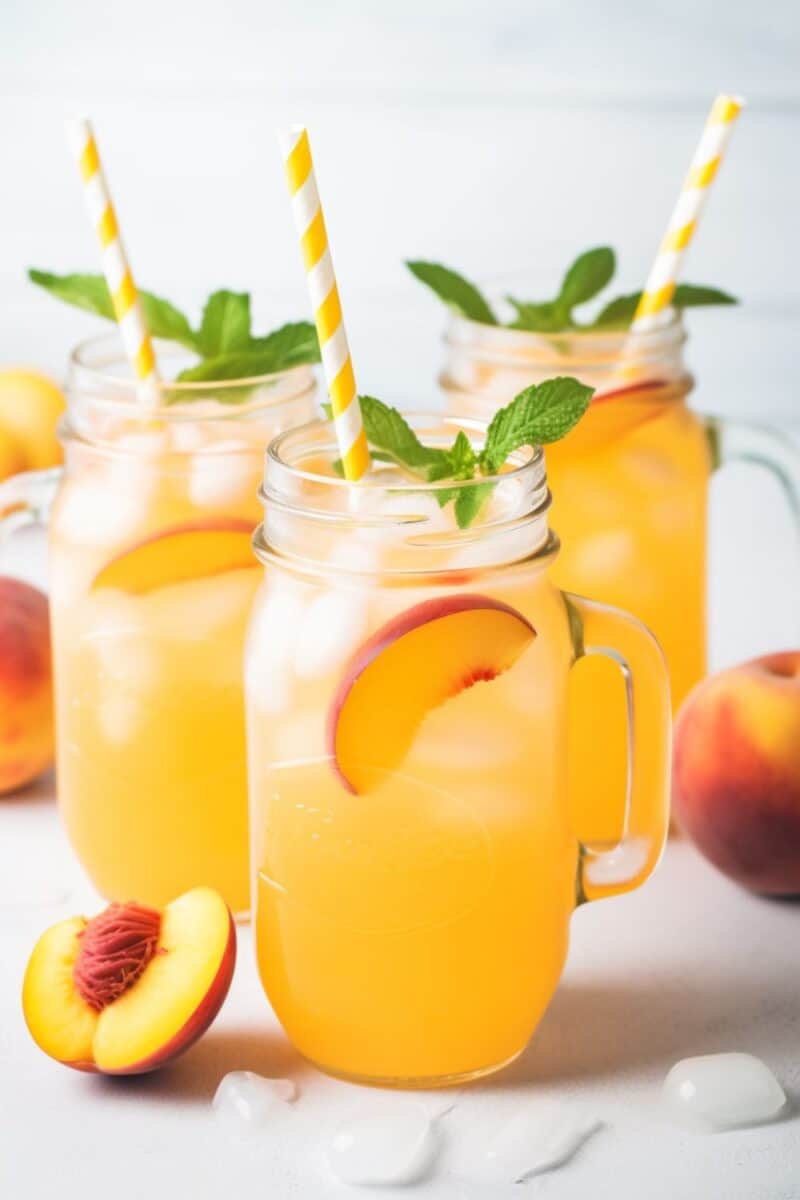 A trio of mason jars filled with homemade peach lemonade, each jar uniquely garnished with ripe peach slices, fresh mint leaves, and ice, arranged in a row on a sunlit outdoor table, embodying the essence of summer refreshment.