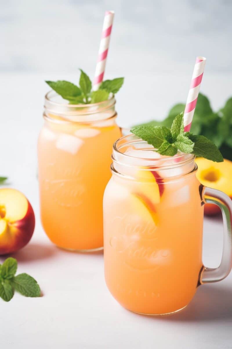 Two inviting glasses of chilled peach lemonade, complete with vividly colored straws adding a playful touch, and garnished with ripe peach slices, set against a sunny, light background, embodying the joy of summer refreshments.