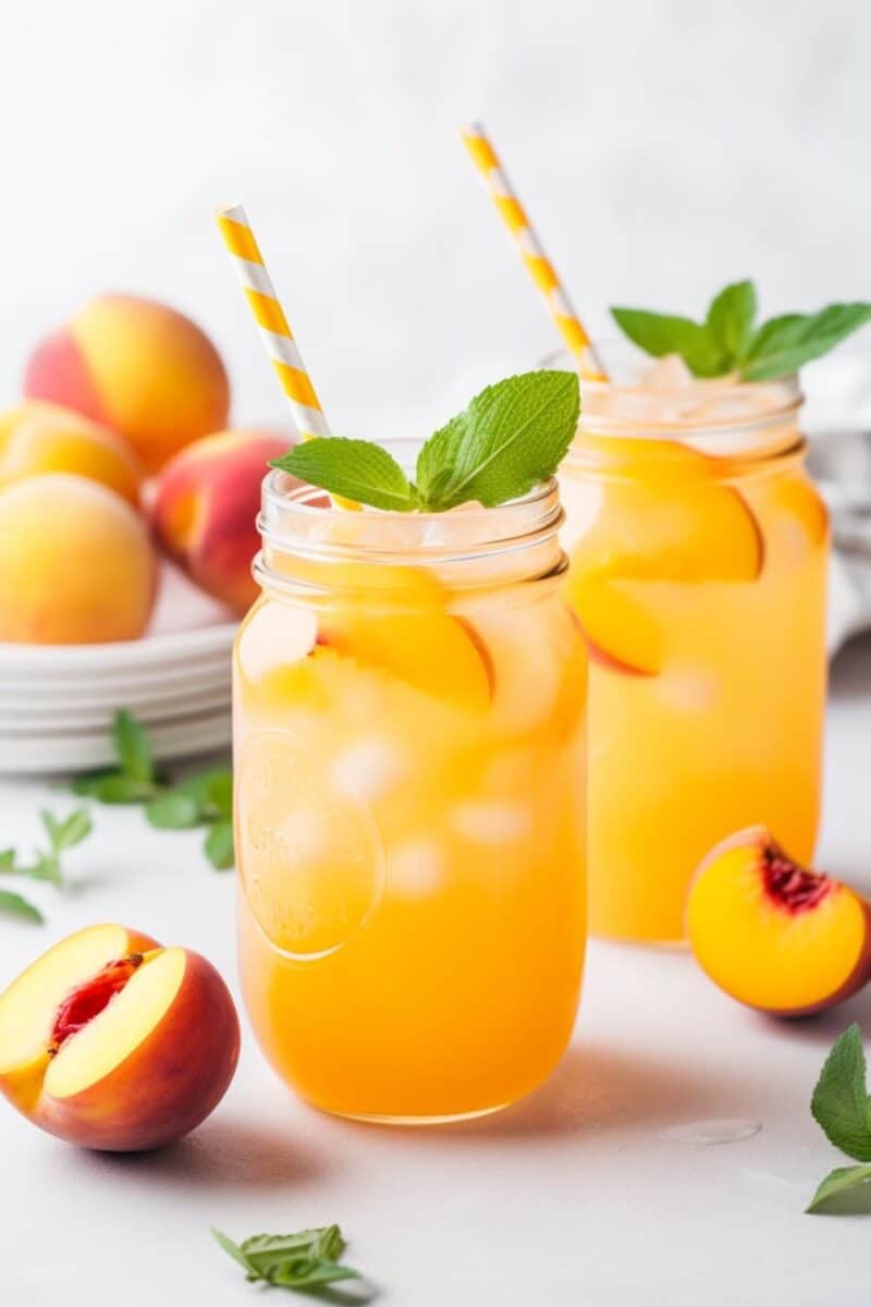 A pair of peach lemonade drinks in clear glasses, each adorned with bright, colorful straws, filled with ice and garnished with fresh peach slices, capturing the essence of a fun and refreshing summer beverage