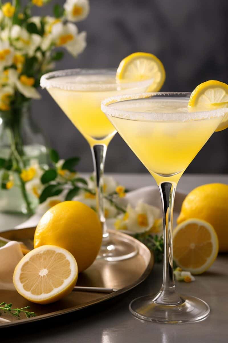 A Lemon Drop cocktail with a sugar-coated rim and lemon slice garnish, highlighting its vibrant yellow color.