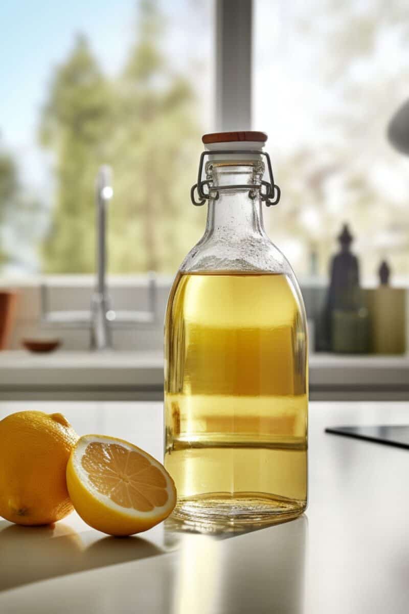 Lemon simple syrup on glass bottle on white countertops with kitchen baackground.