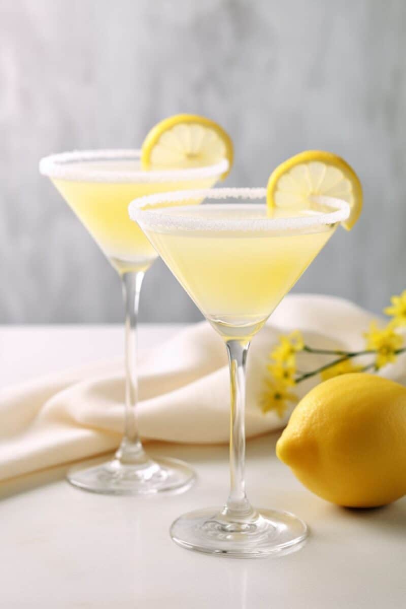 Vivid yellow Lemon Drop Martini in a sleek glass, accented by a sugared rim and fresh lemon slice.