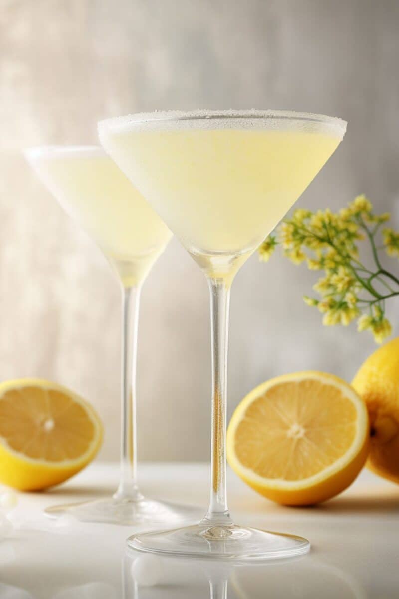 A side view of two Lemon Drop Martinis in sleek martini glasses, filled with a radiant yellow cocktail, symbolizing freshness and zest. The glasses feature an elegantly sugared rim, offering a glistening texture. A delicate slice of lemon rests on each rim as a garnish, complementing the drink's citrus theme. In the softly blurred background, there are subtle hints of flowers, adding a touch of natural beauty and color, which creates a serene and inviting ambiance, perfect for a relaxing and enjoyable moment.