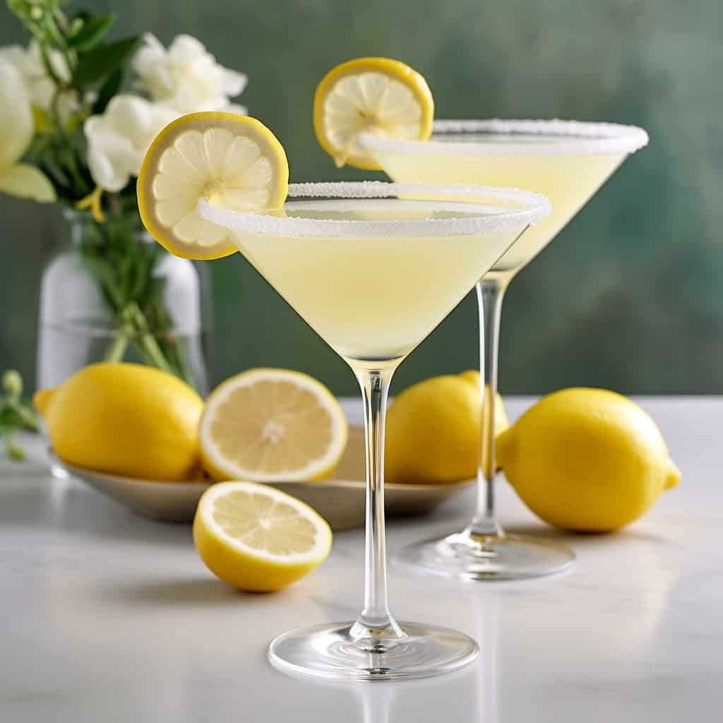 Two Lemon Drop Martinis in elegant martini glasses, showcasing a vibrant, clear yellow hue. The glasses have a sugared rim, adding a sparkling white contrast to the bright lemon color of the drink. Each glass is garnished with a thin slice of lemon on the rim, enhancing the visual appeal. The background is softly blurred, drawing focus to the crystal clarity and inviting freshness of the cocktails, embodying the essence of a perfect Lemon Drop Martini.
