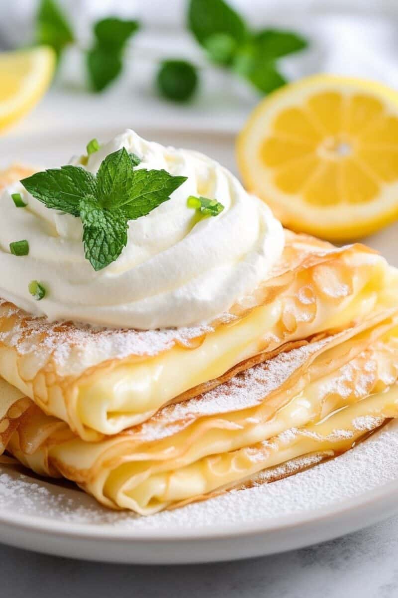 Close-up of soft, stuffed Lemon Ricotta Crepes with a rich, citrusy filling, ready to be enjoyed for a luxurious brunch.