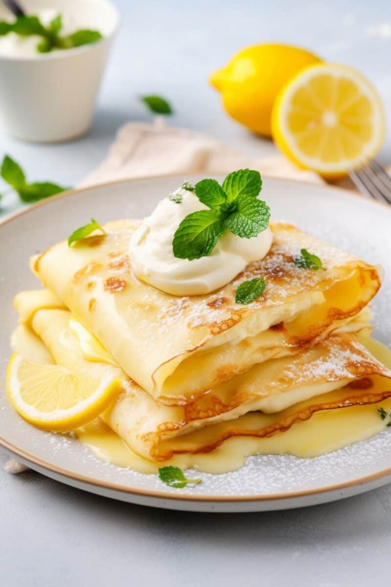 Soft, golden crepes filled with smooth lemon ricotta cheese mixture, dusted with powdered sugar, and served with a slice of lemon on the side.