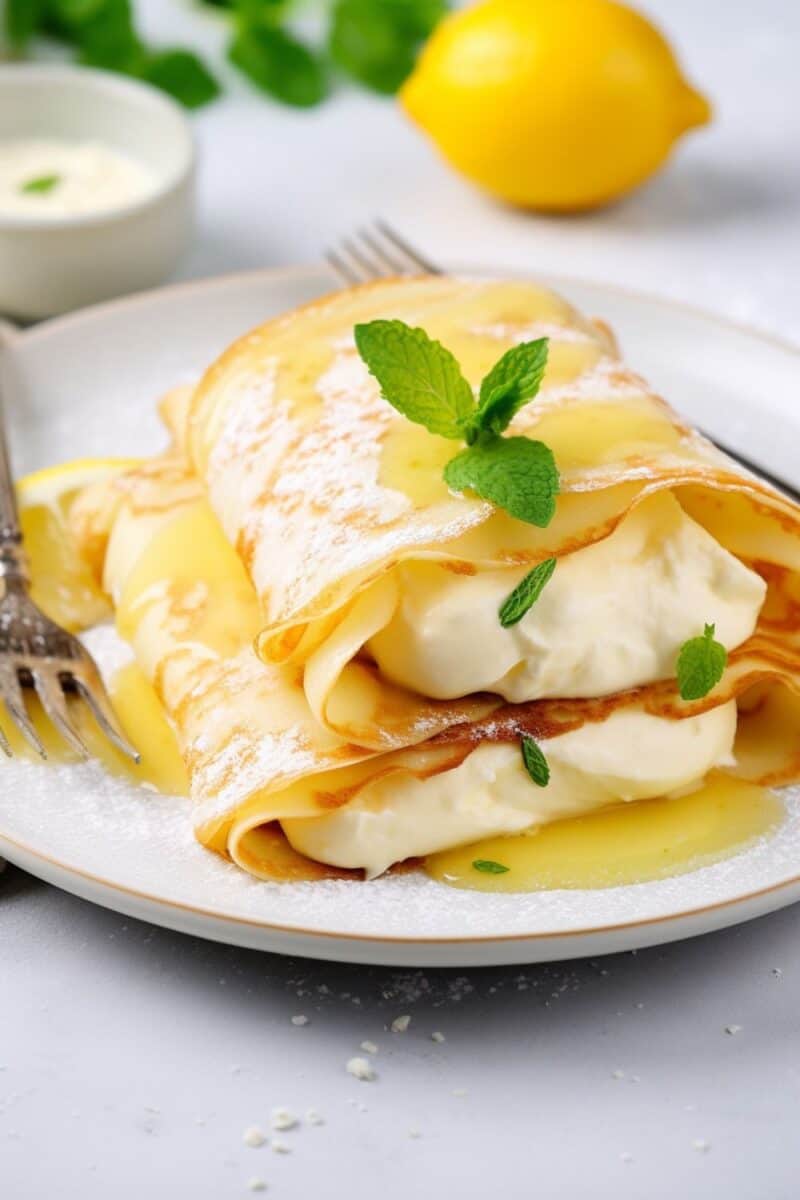 Stack of Lemon Ricotta Crepes on a breakfast table, oozing with creamy filling.