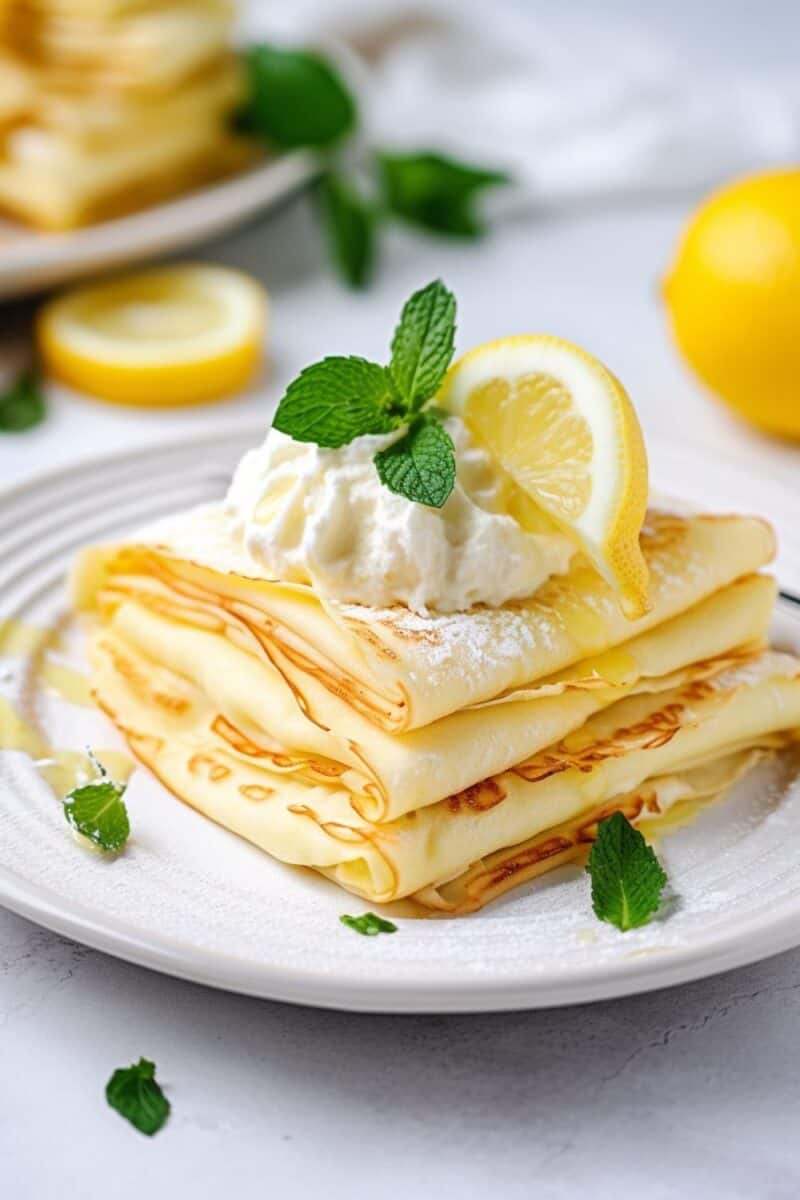 Elegant presentation of Lemon Ricotta Crepes, arranged neatly on a dish, highlighting the velvety lemon-ricotta mixture inside.