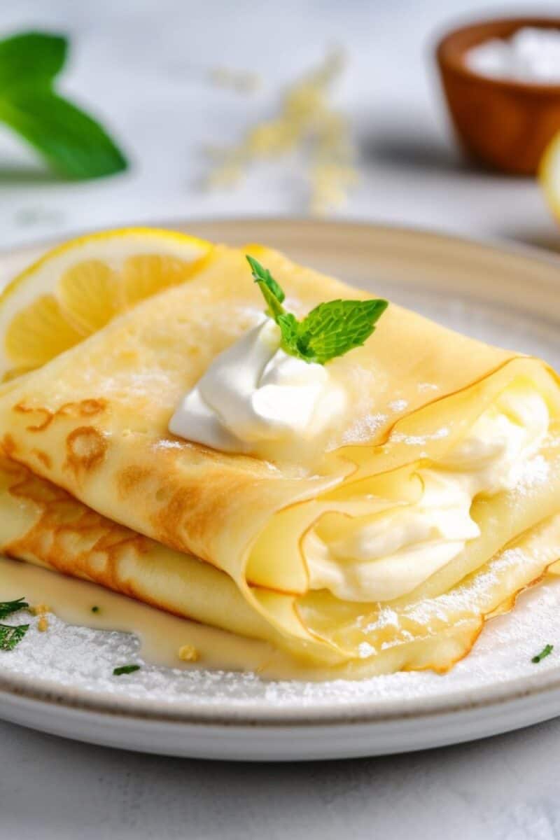 A plate of Lemon Ricotta Crepes, delicately folded and garnished with lemon zest, showcasing the creamy filling.