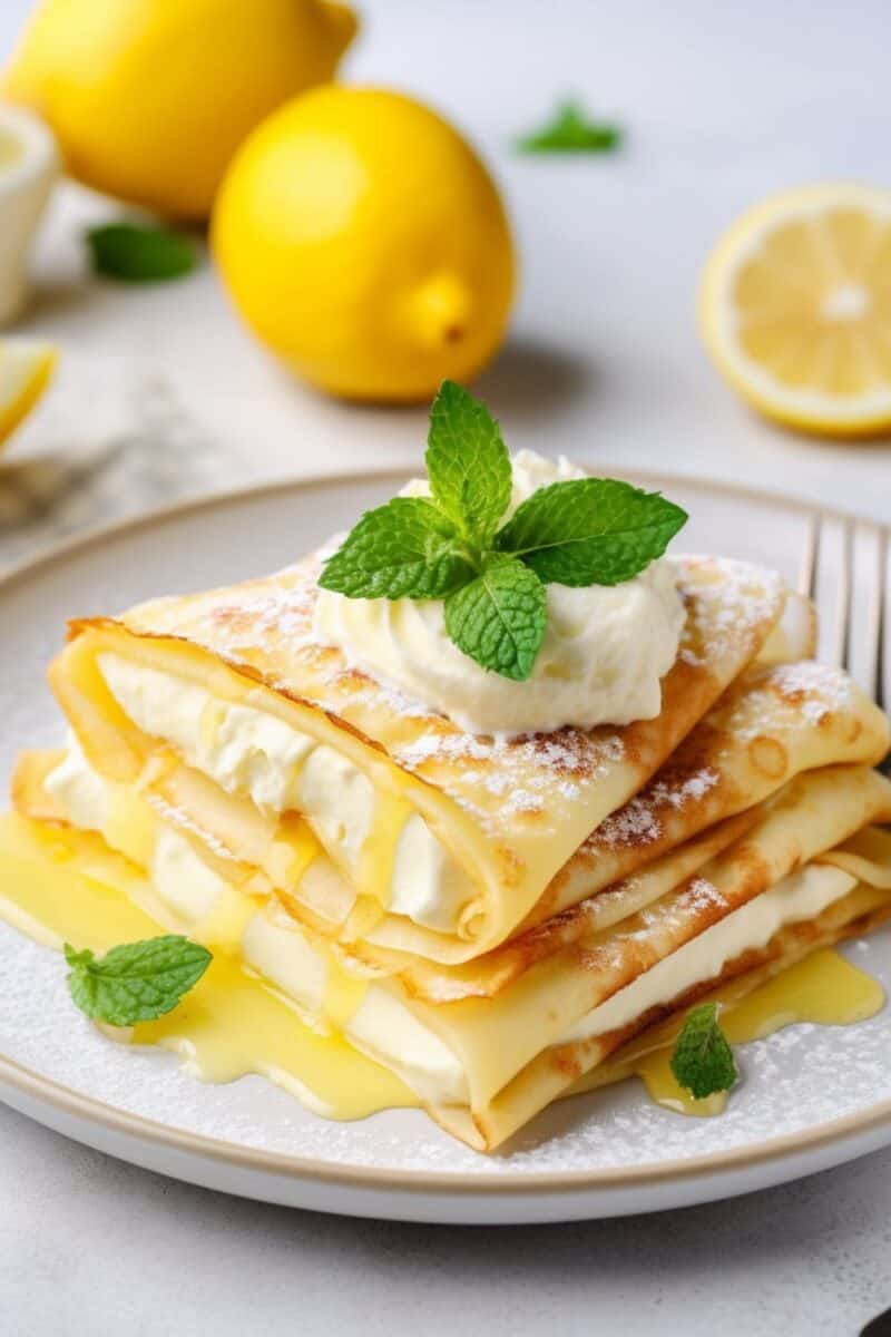 Freshly made Lemon Ricotta Crepes with a hint of lemon zest on top, exuding a warm, inviting aroma, perfect for a cozy breakfast.