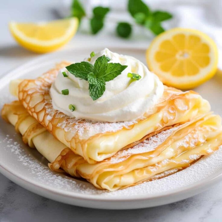 Freshly prepared Lemon Ricotta Crepes with a creamy filling, served on a white plate with a dollop of creamed lemony filling with a side of lemon slices.