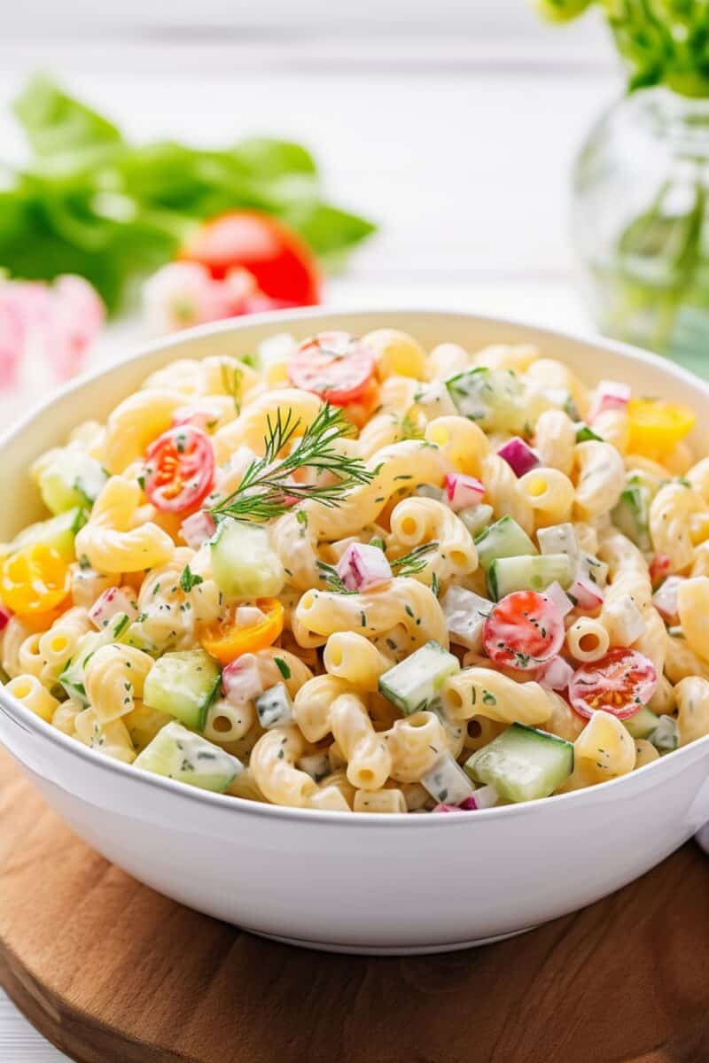 Summertime favorite Macaroni Salad, with its mix of pasta, diced fresh vegetables, and a lightly seasoned mayo dressing, served in a bowl, ready to complement any outdoor meal.