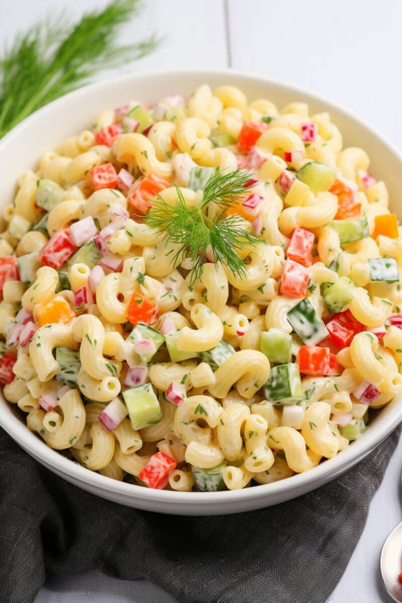 Summertime favorite Macaroni Salad, with its mix of pasta, diced fresh vegetables, and a lightly seasoned mayo dressing, served in a bowl, ready to complement any outdoor meal.