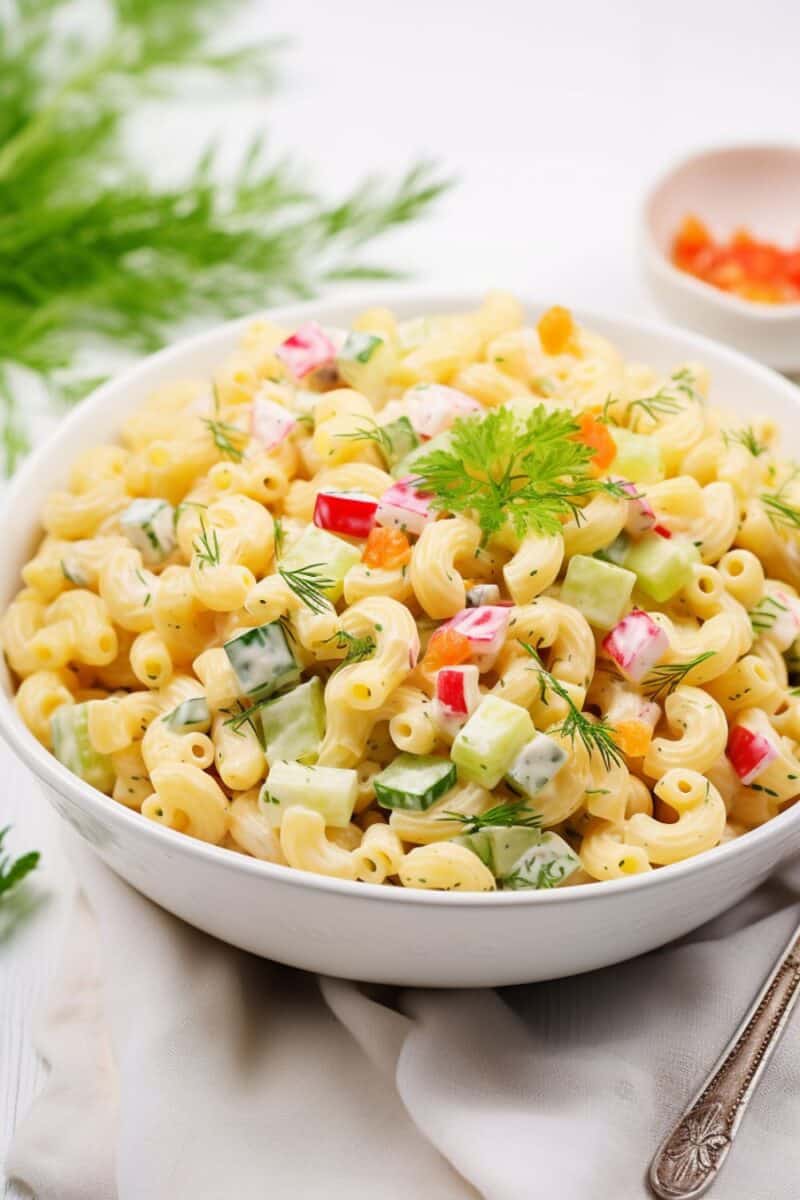  festive and appetizing bowl of Macaroni Salad, ideal for potlucks and BBQs, featuring well-cooked macaroni, colorful vegetables, and a creamy, seasoned dressing.