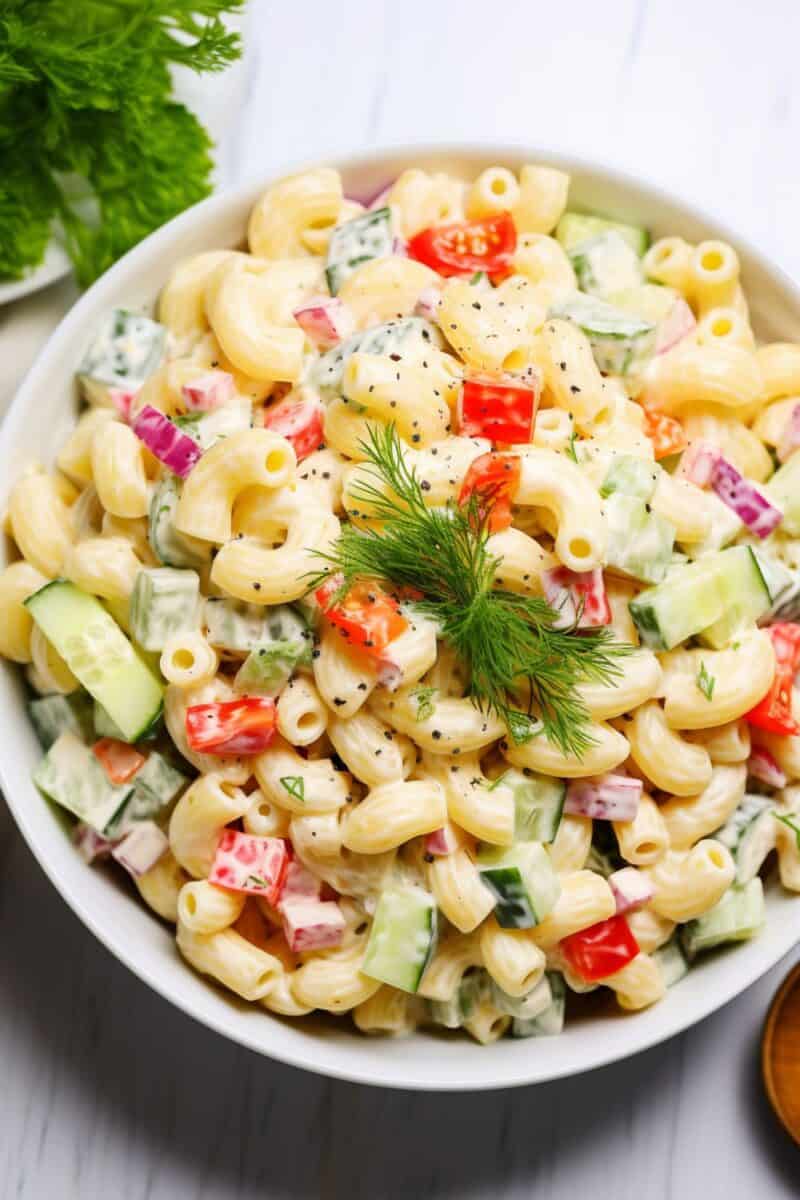 Homemade Macaroni Salad with a vibrant mix of elbow macaroni, crisp vegetables, and a smooth, tangy mayo-based sauce, sprinkled with spices, ready to be served.