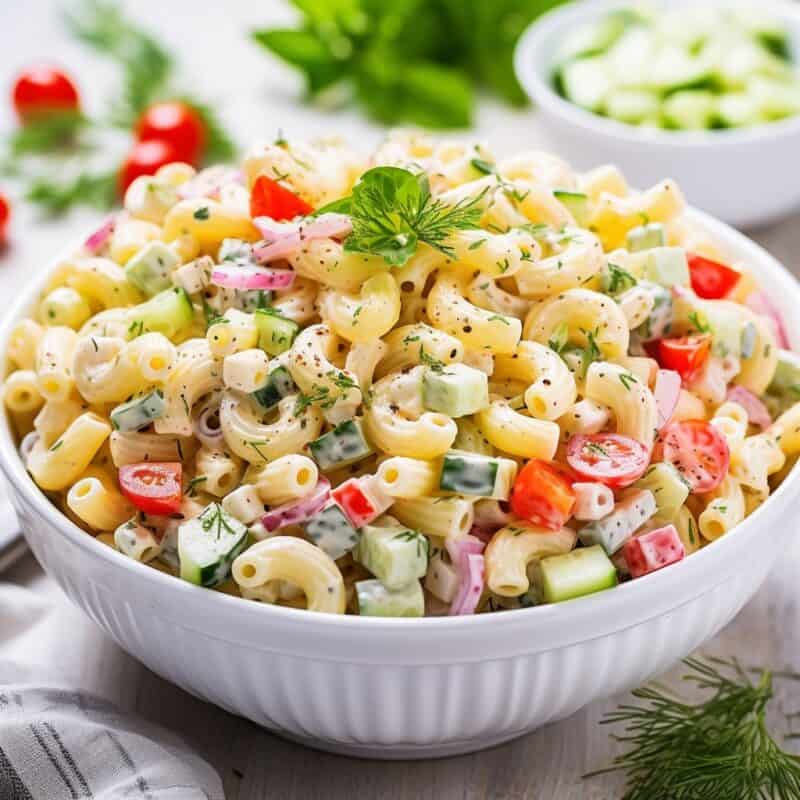 A colorful bowl of Macaroni Salad, featuring elbow macaroni mixed with diced red onion, celery, and bell peppers, garnished with sweet gherkins and a creamy mayo dressing.