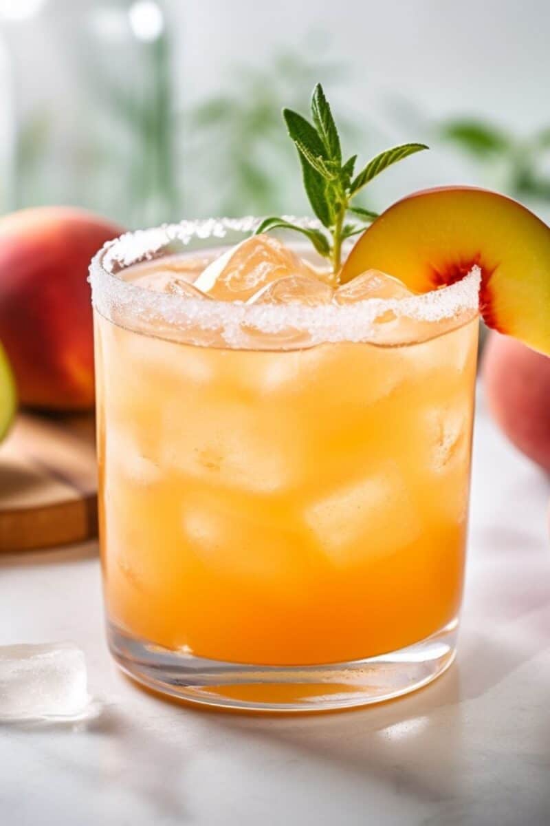 An inviting Peach Margarita in a single glass, garnished with a peach wedge and lime slice, poised on an elegant bar top, capturing the essence of summer.