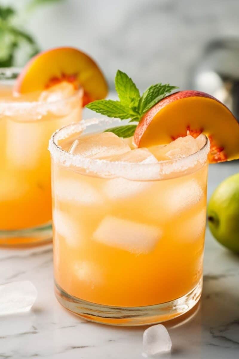 Two refreshing Peach Margaritas in a salt-rimmed glass, garnished with a peach slice.