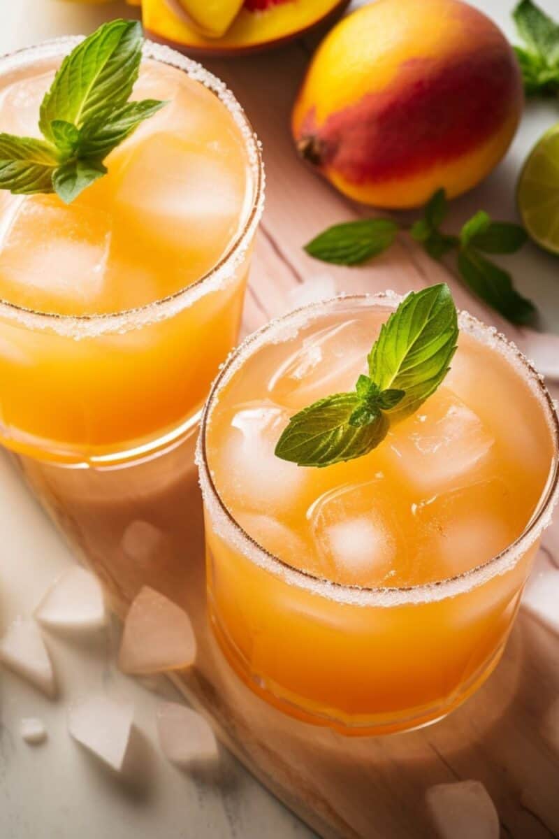 An overhead view of two refreshing Peach Margarita drinks in a glass, beautifully garnished with a ripe peach slice