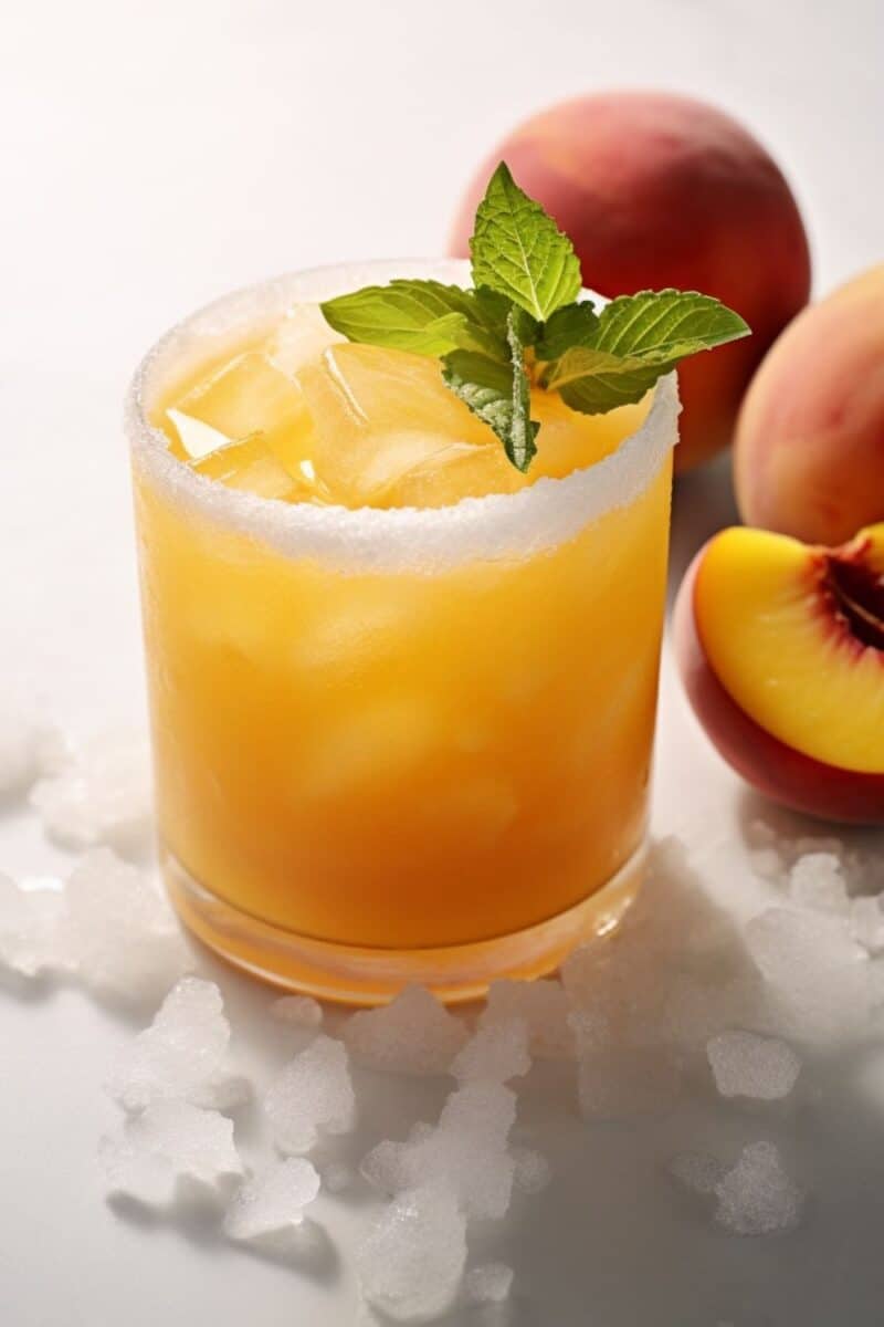 An inviting Peach Margarita in a single glass, garnished with a peach wedge with peaches in the background.