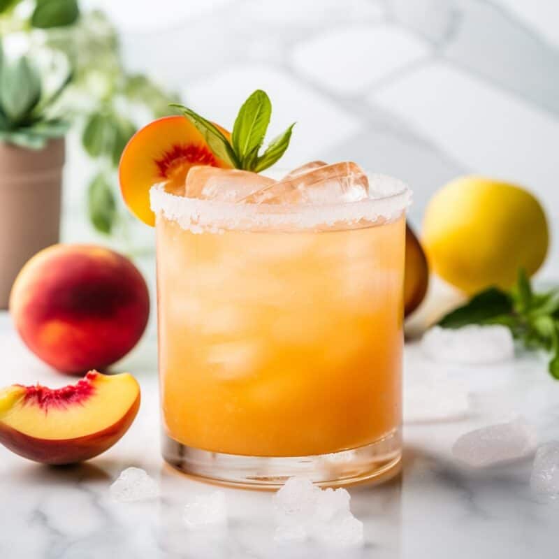 Close-up of a vibrant Peach Margarita with ice, showcasing its rich orange color and garnished with a fresh peach wedge on the sugar rim.