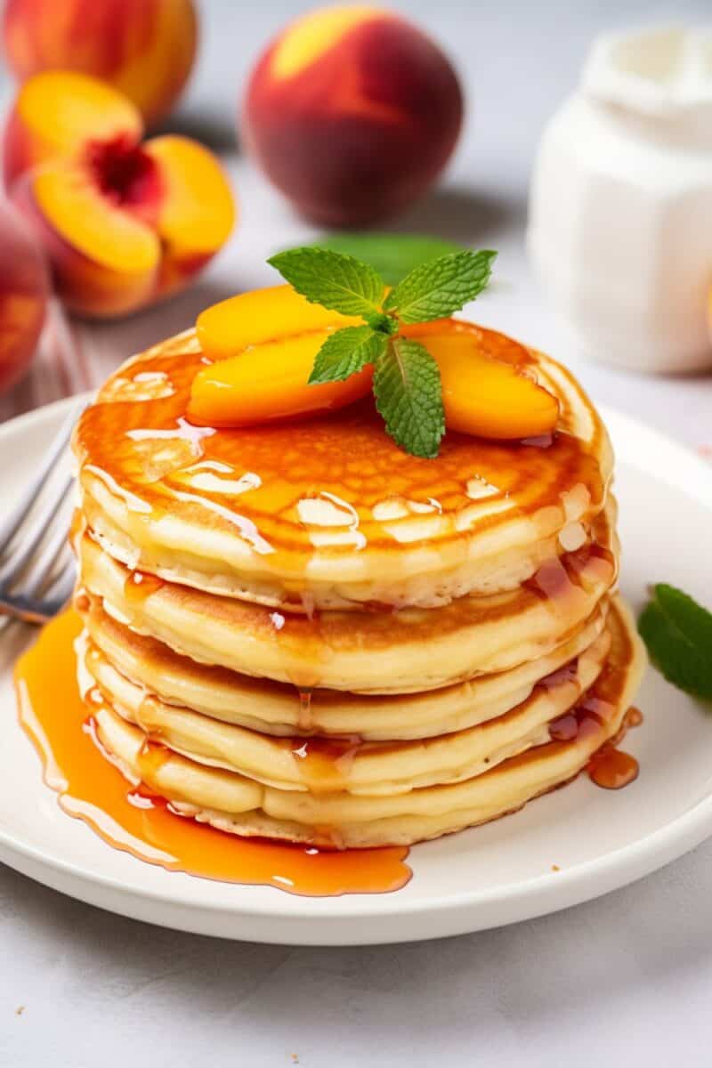 Fluffy pancakes with a topping of succulent peach slices, drizzled with shimmering, sweet syrup.