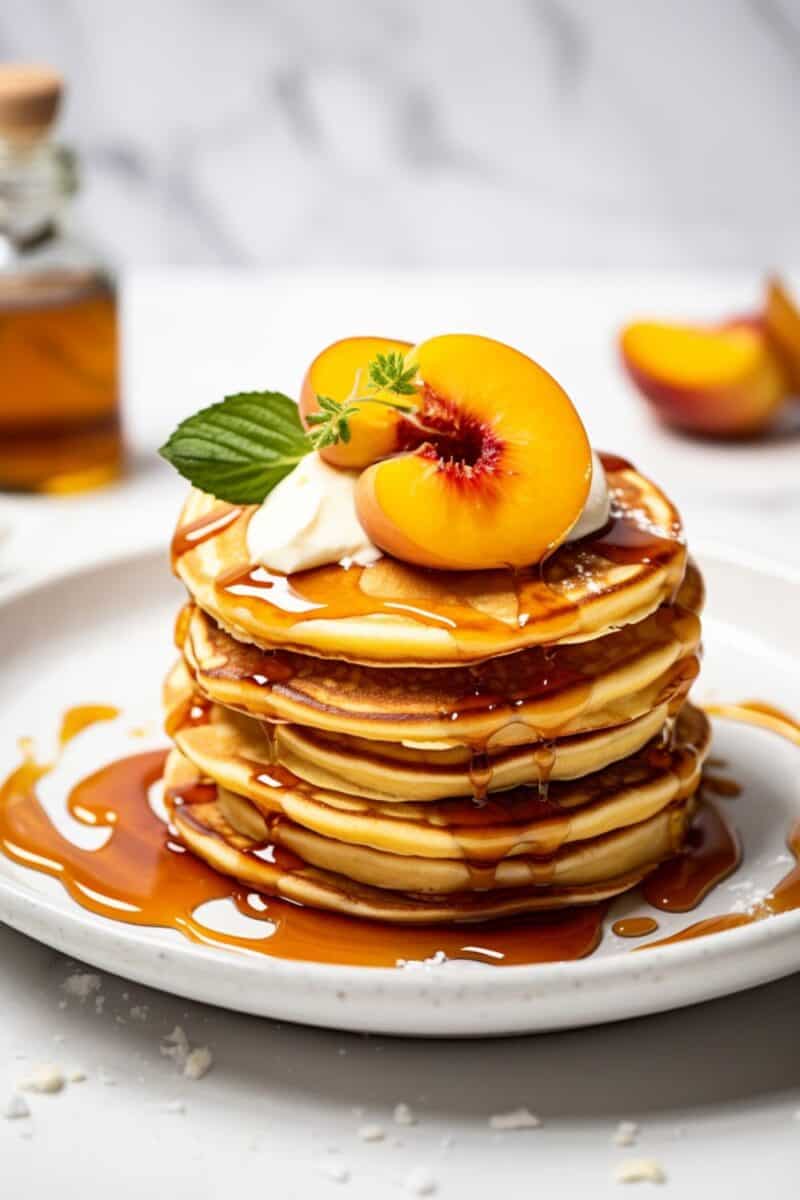 Golden Peach Pancakes topped with bright, juicy peach slices and a rich, amber-hued peach syrup.
