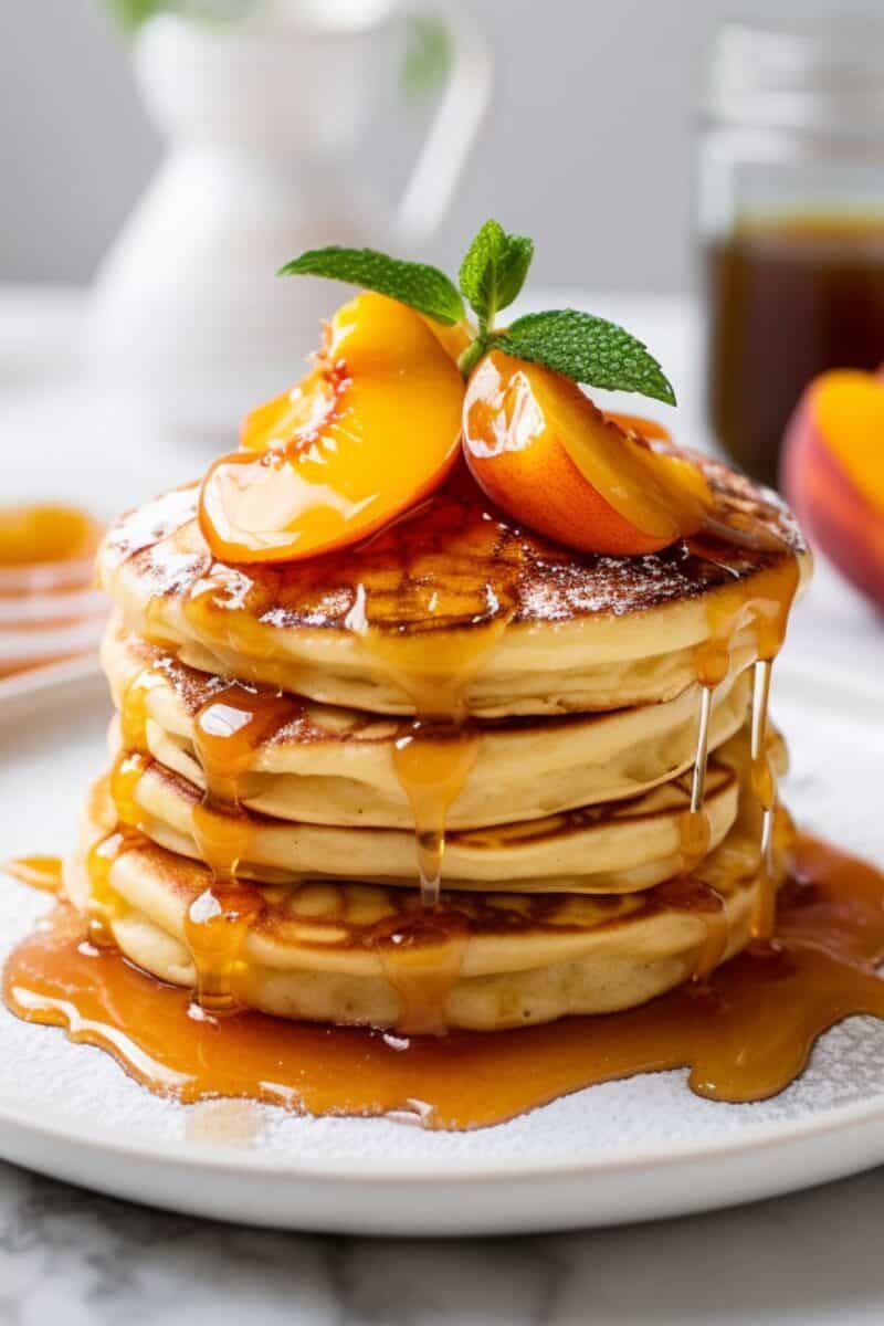 Warm, soft pancakes adorned with fresh peach slices and a glistening drizzle of peach syrup.