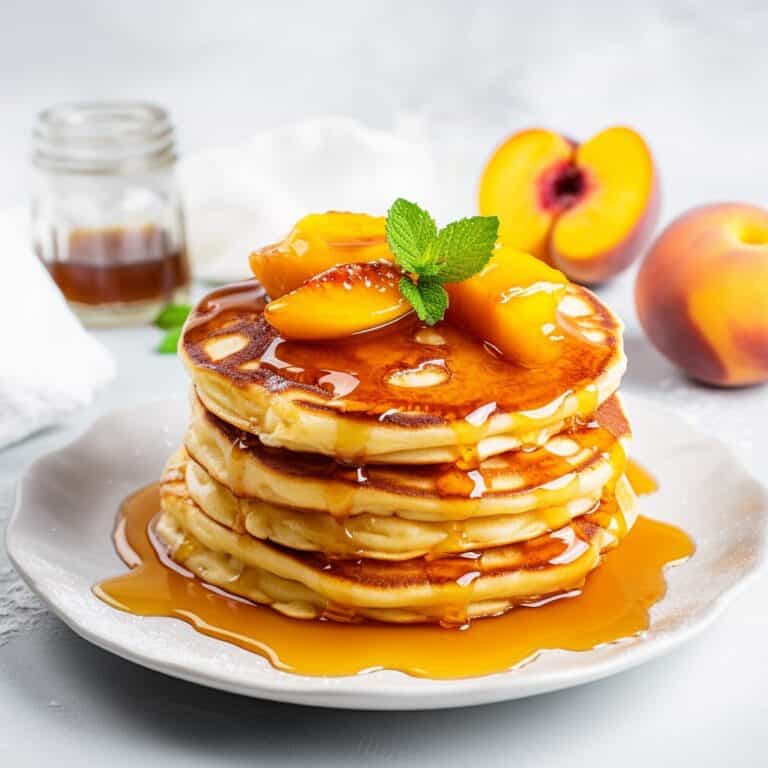 A stack of fluffy, golden-brown Peach Pancakes topped with vibrant peach slices and drizzled with a glossy, sweet peach syrup.