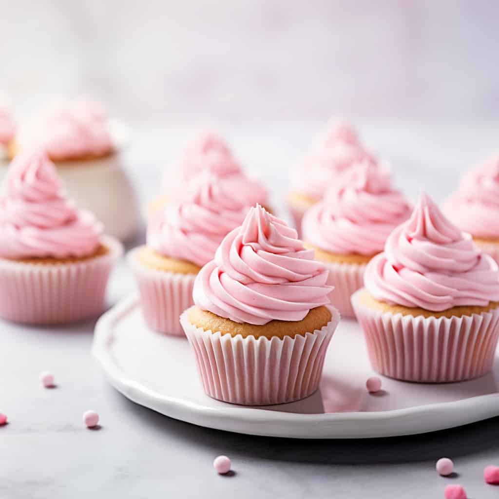 A plate of Pink Buttercream Cupcakes on a white plate, set against a white kitchen background, showcasing their vibrant pink frosting and delicate texture.