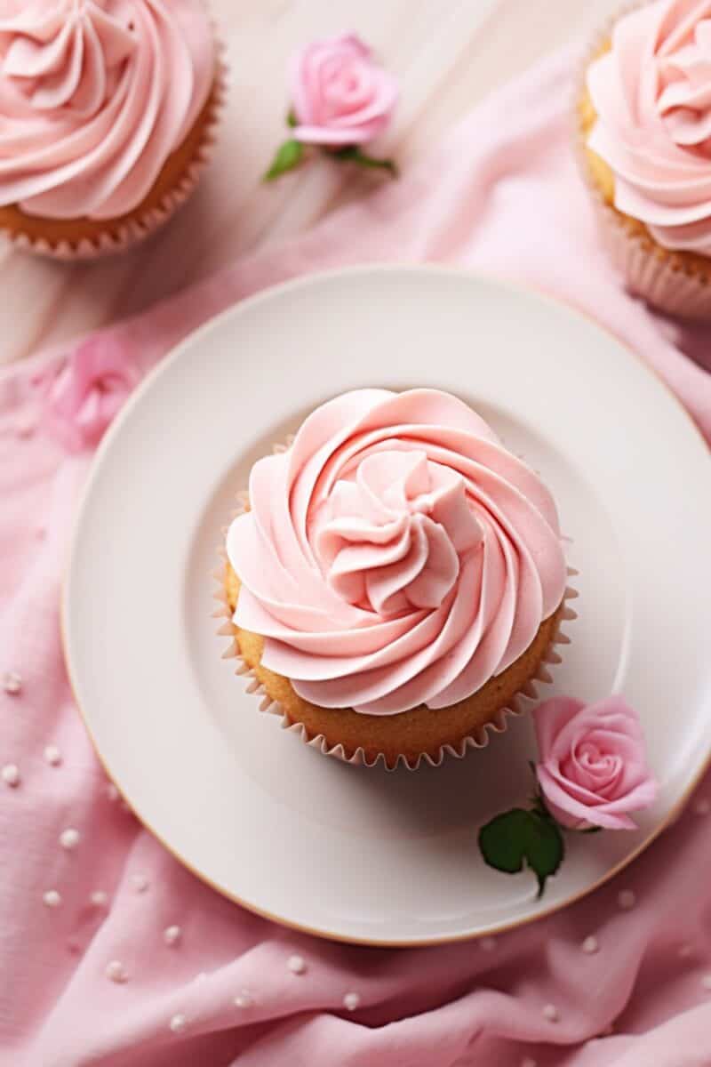 A single Pink Buttercream Cupcake with a rich, vibrant pink frosting, sprinkled with tiny edible pearls, presented on a dainty white saucer.