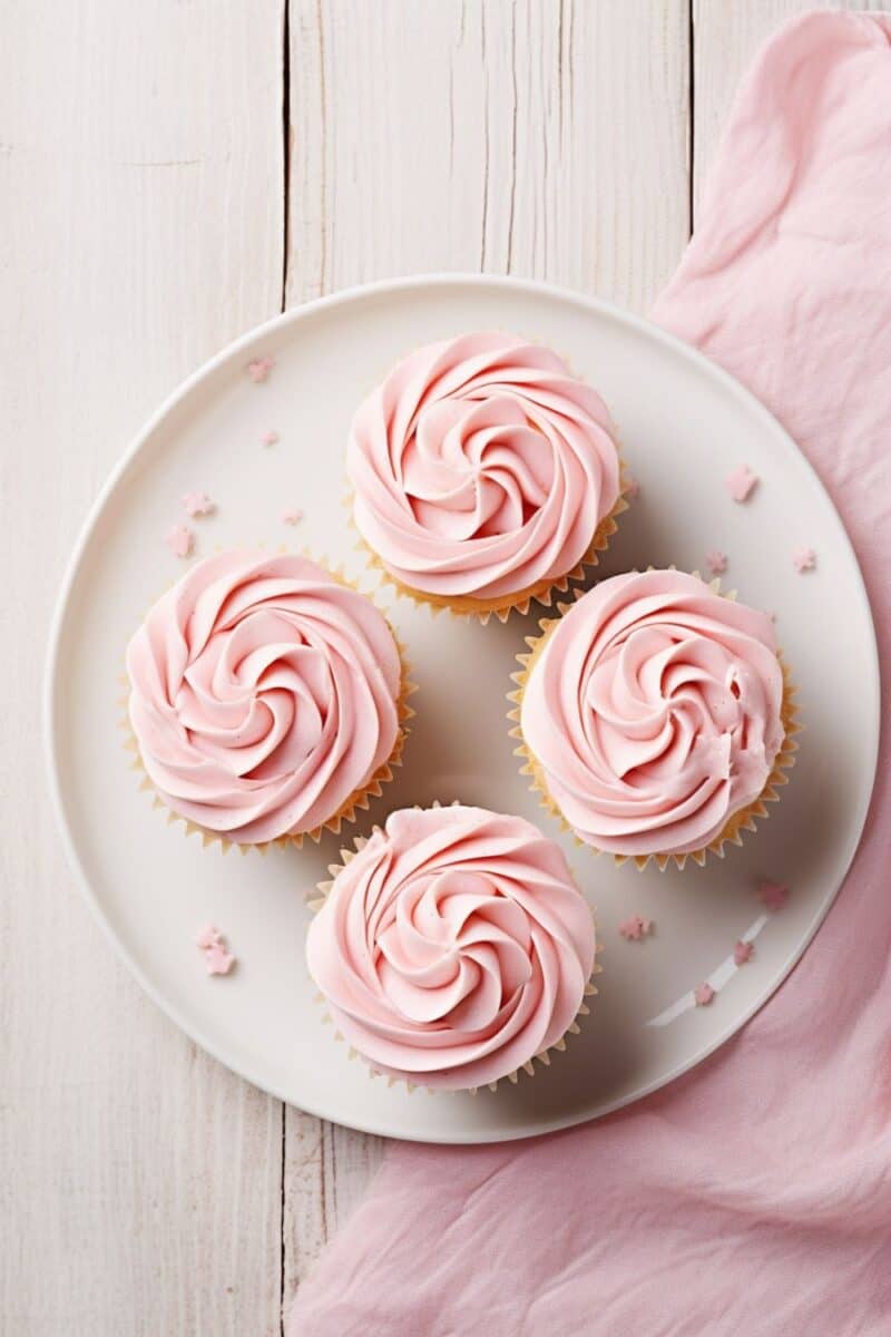 A top view of four Pink Buttercream Cupcakes arranged neatly on a white plate, showcasing their fluffy frosting and inviting pink hue.