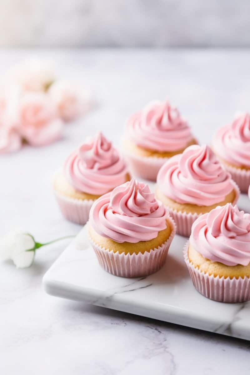 An array of Pink Buttercream Cupcakes arranged on a white marble platter, each adorned with a perfect swirl of glossy pink icing.