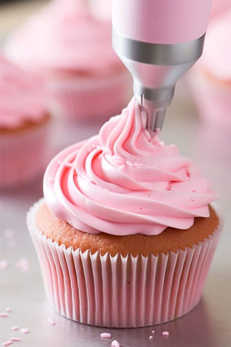 Pink buttercream frosting being expertly piped onto vanilla cupcakes, showcasing the smooth, creamy texture and vibrant color of the frosting.