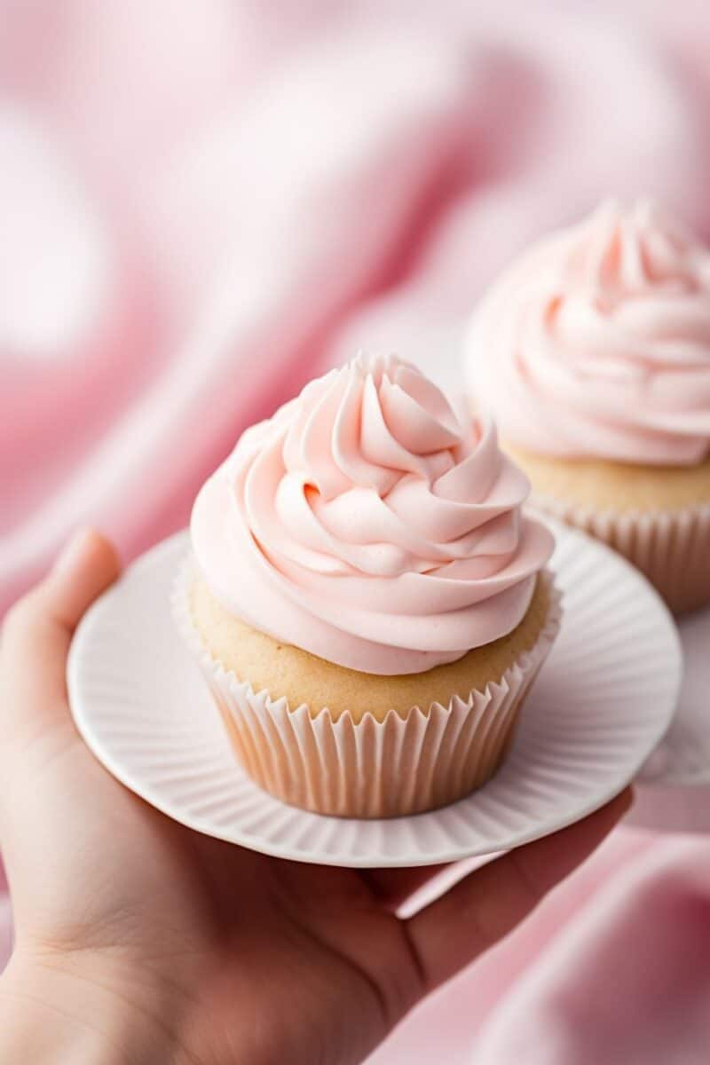 girl holding a small plate with a beautifully pink buttercream frosted cupcake,