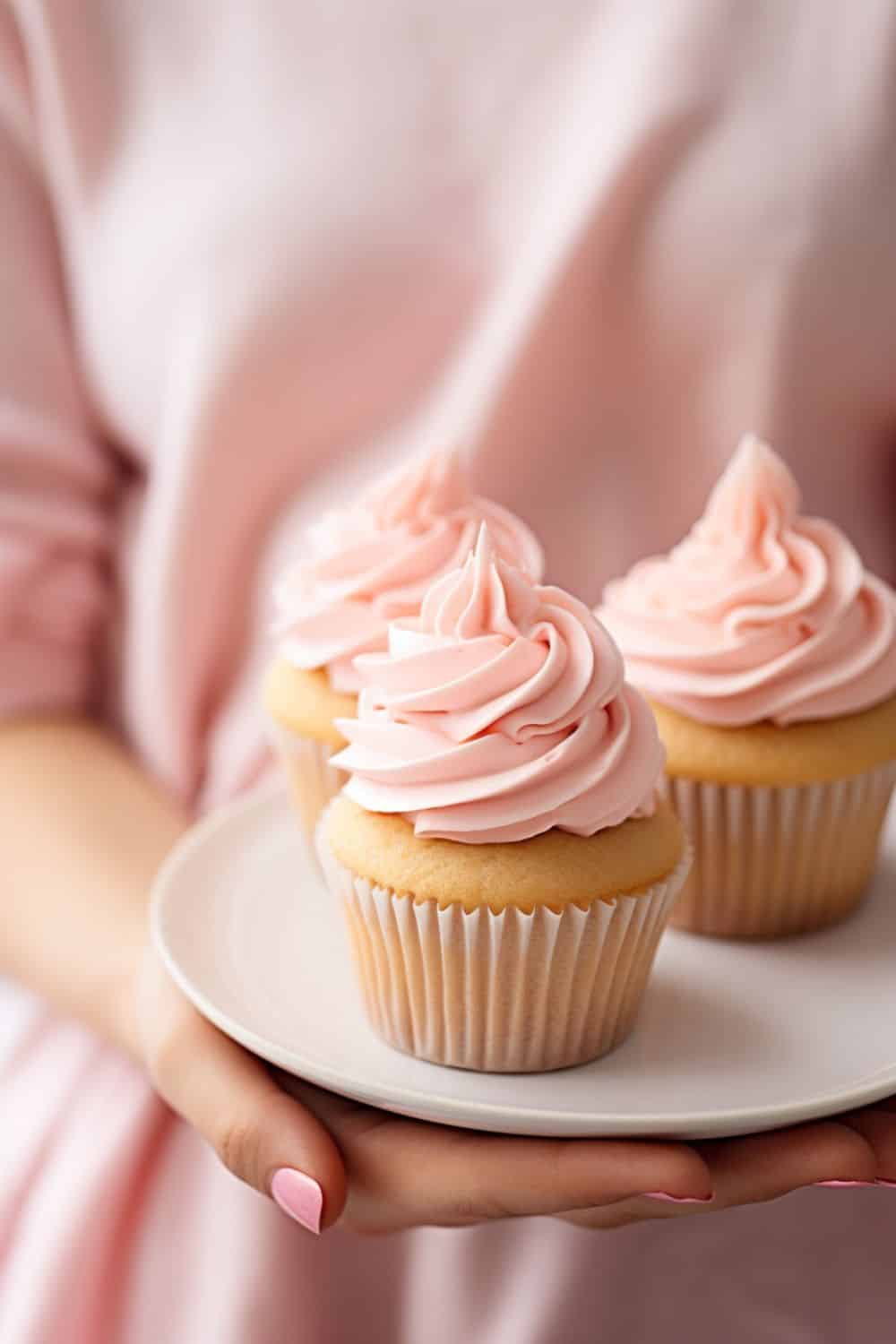 girl holding a small plate with a three beautifully pink buttercream frosted cupcakes.